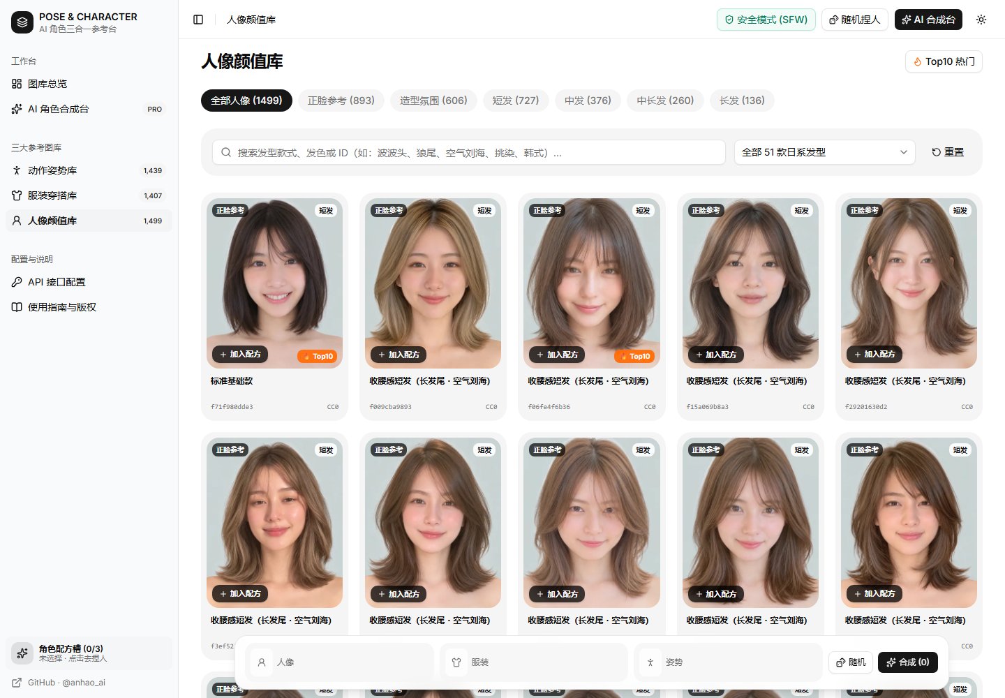 中文版人像参考与发型筛选界面