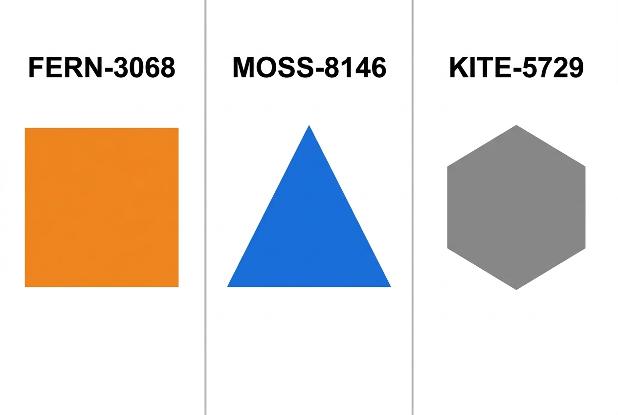 倒序视频生图:橙方块 FERN-3068、蓝三角形 MOSS-8146、灰六边形 KITE-5729